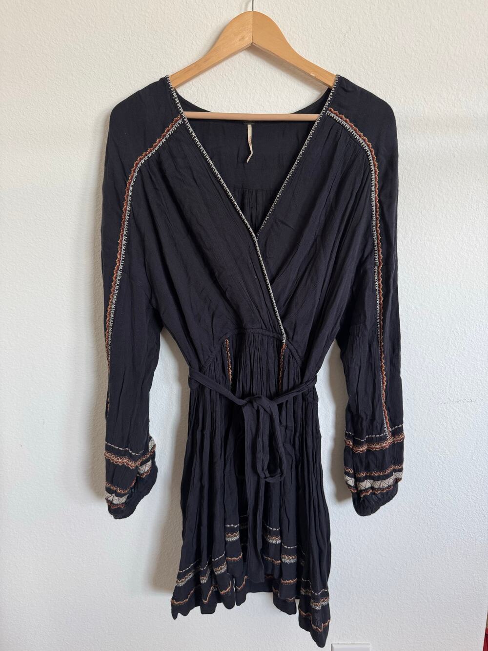 Free People Delilah Embroidered Wrap Mini Dress Grey Boho Size Medium